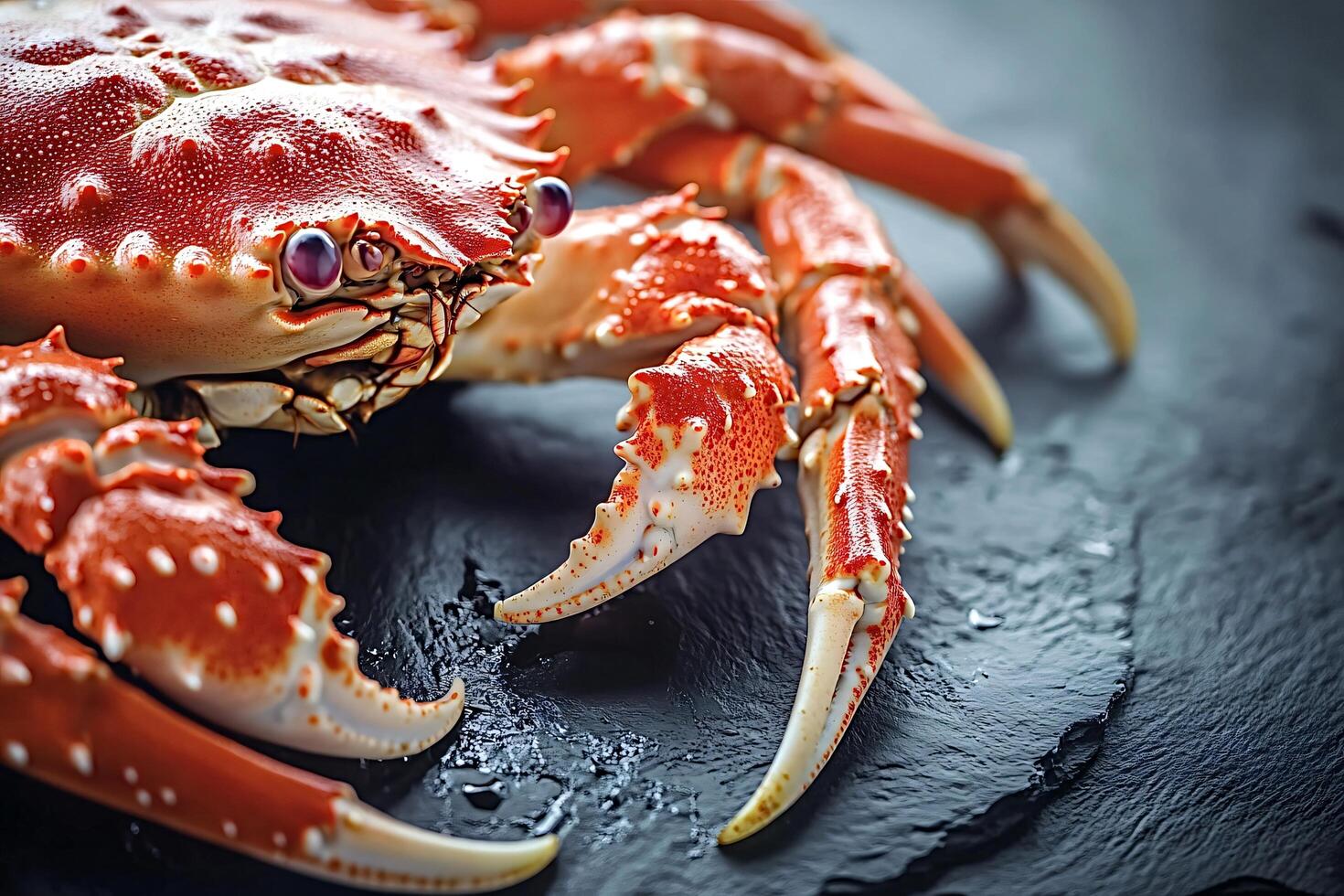 Delicious red king crab lying on a black slate background photo