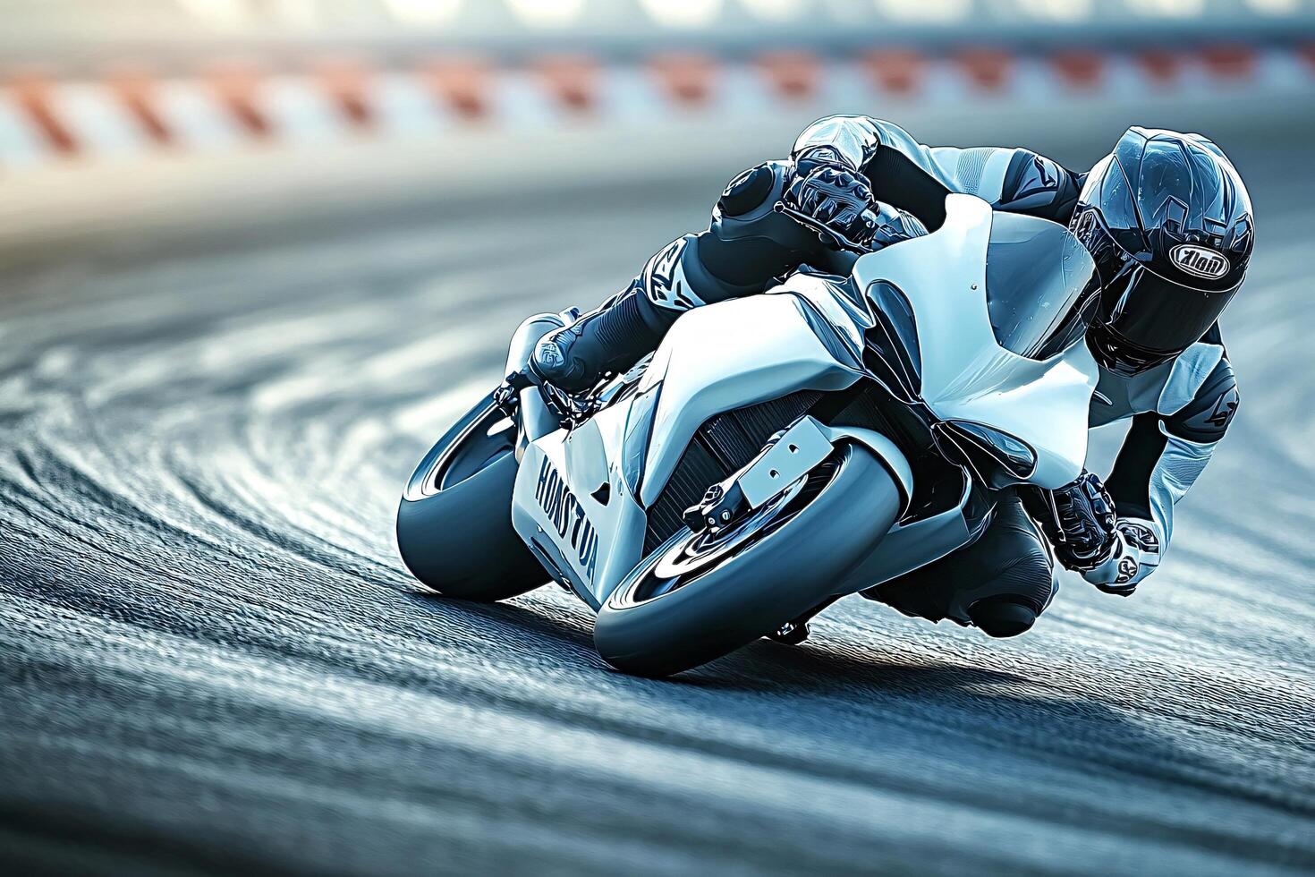Motorcycle racer leaning into curve at high speed photo