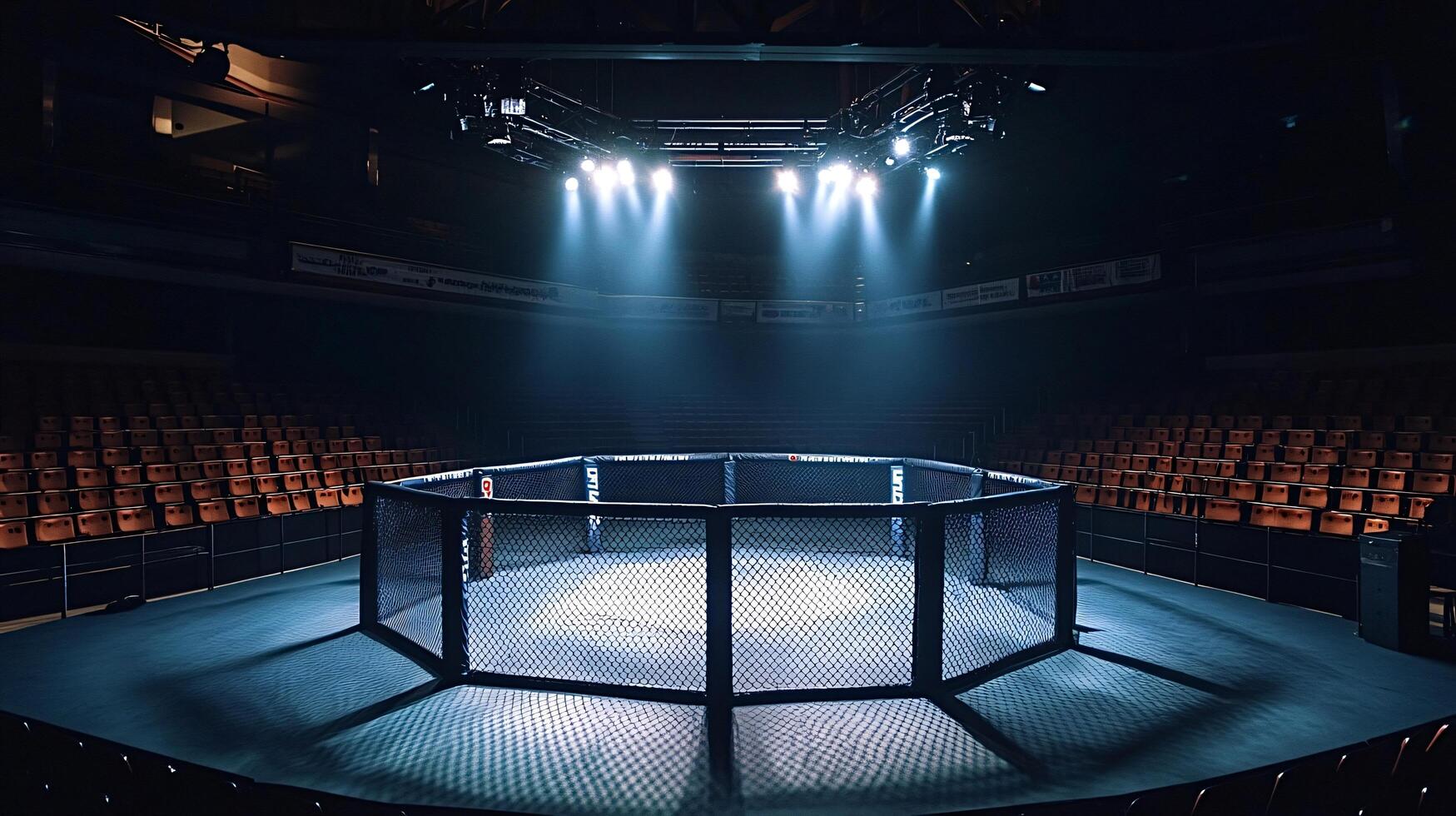 Empty octagon cage awaiting fighters in arena lit with spotlights photo