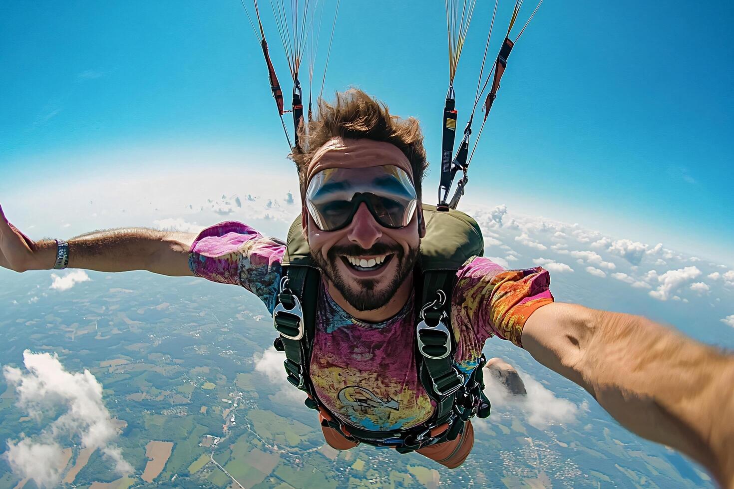 Skydiver smiling and taking selfie while paragliding over landscape photo