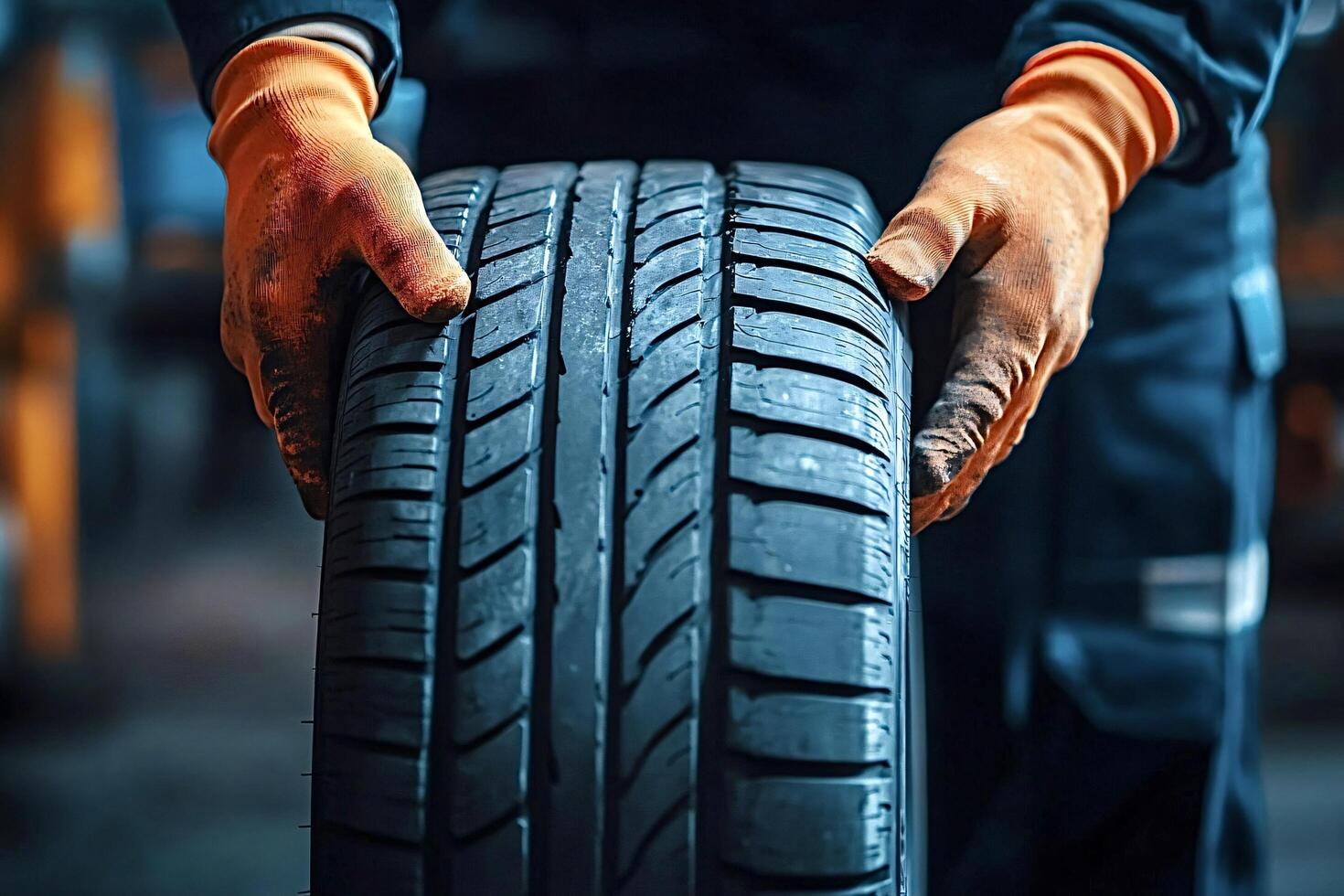 Mechanic holding and inspecting car tire in auto repair shop photo