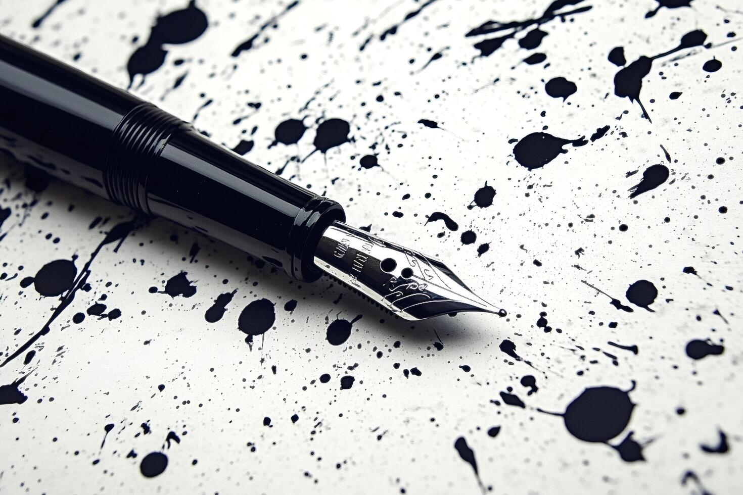 Black fountain pen lying on a sheet of paper with ink stains photo