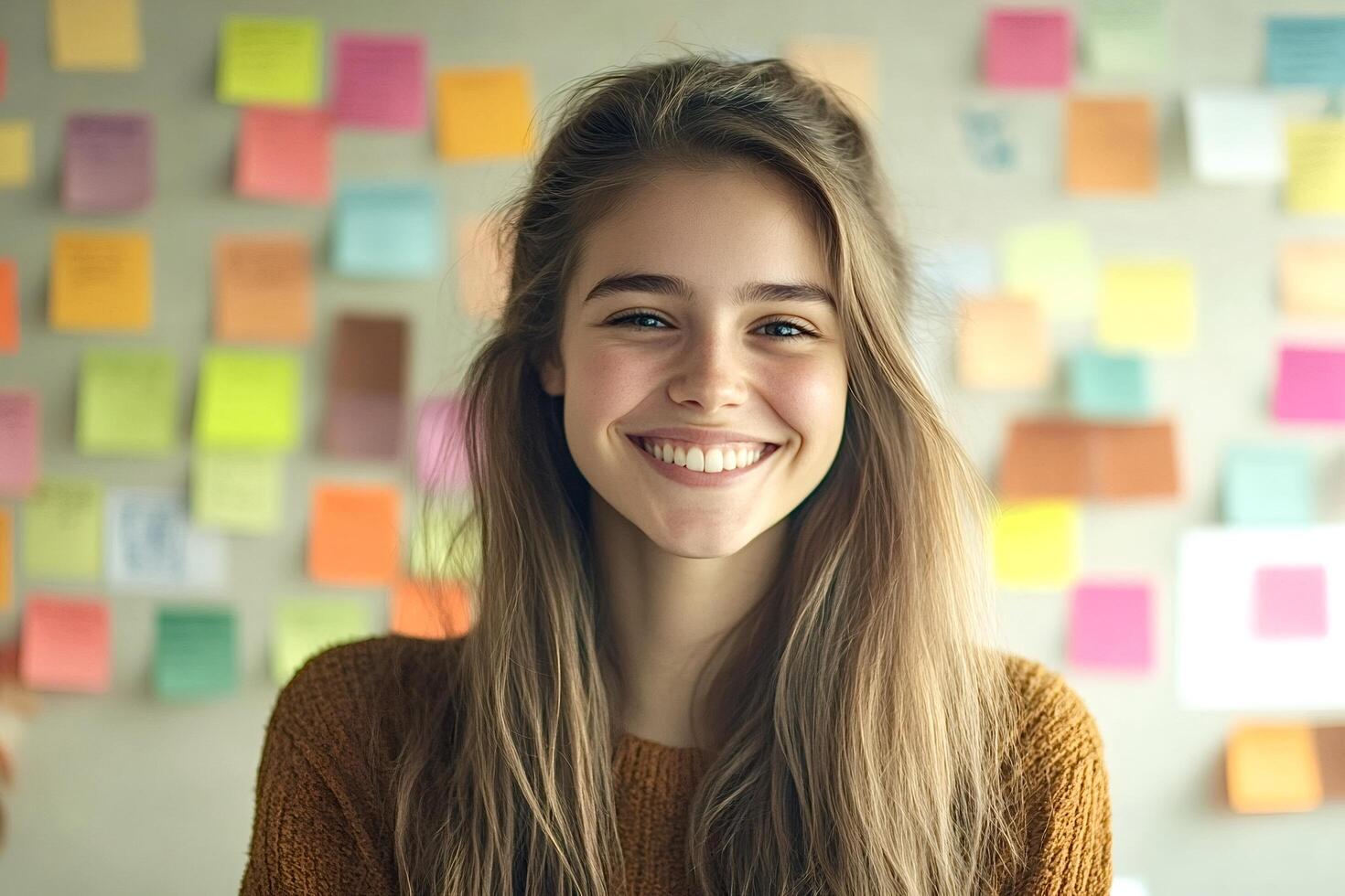 Young woman smiling with sticky notes in background, brainstorming and planning photo