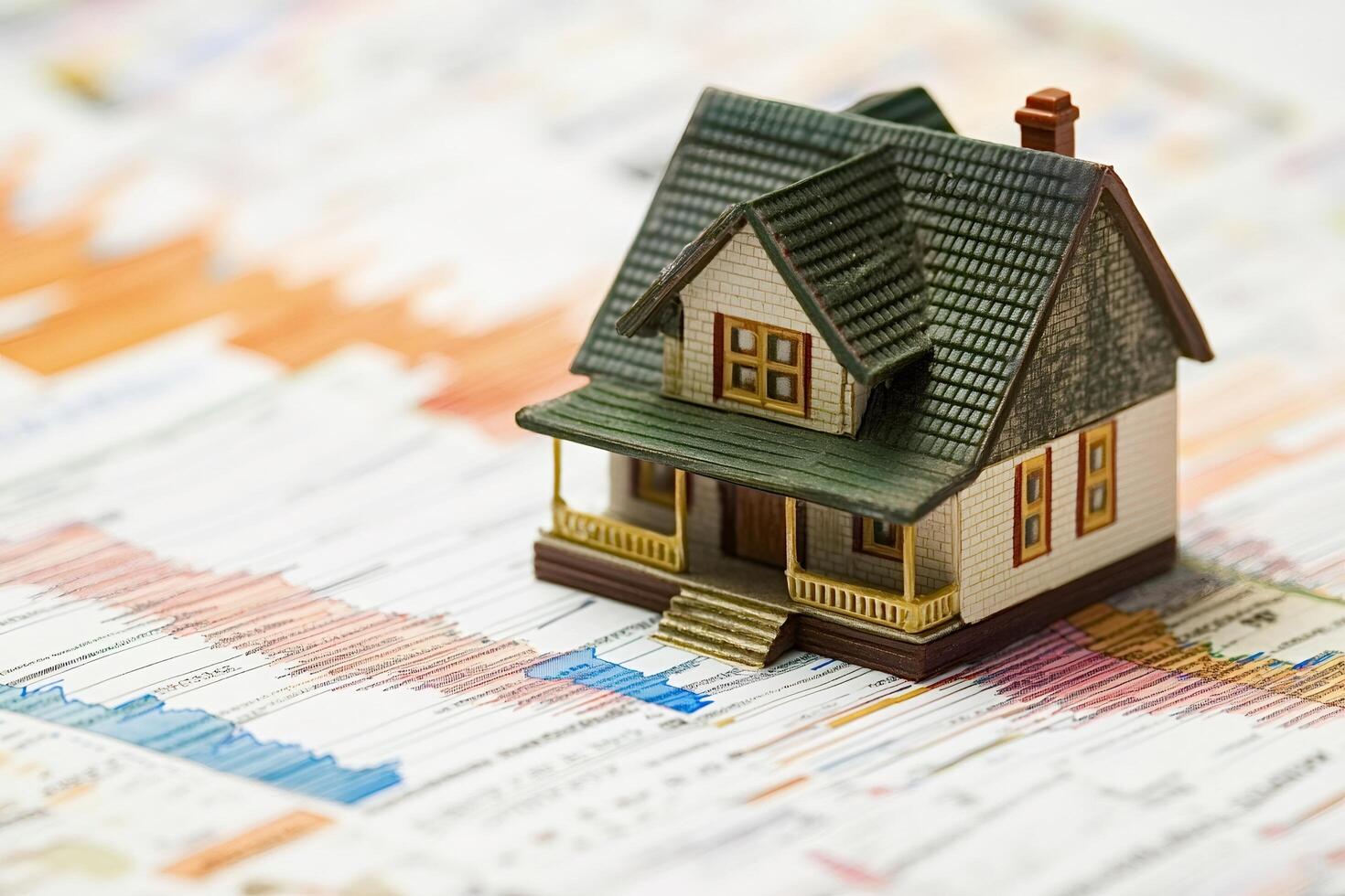 Miniature house sitting on fluctuating housing market chart photo