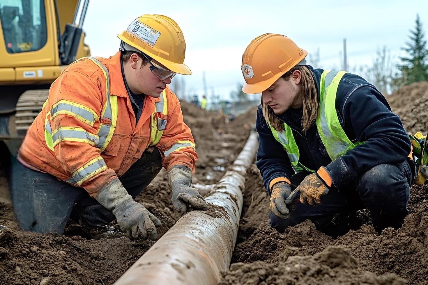 Construction workers inspecting pipeline installation in trench photo