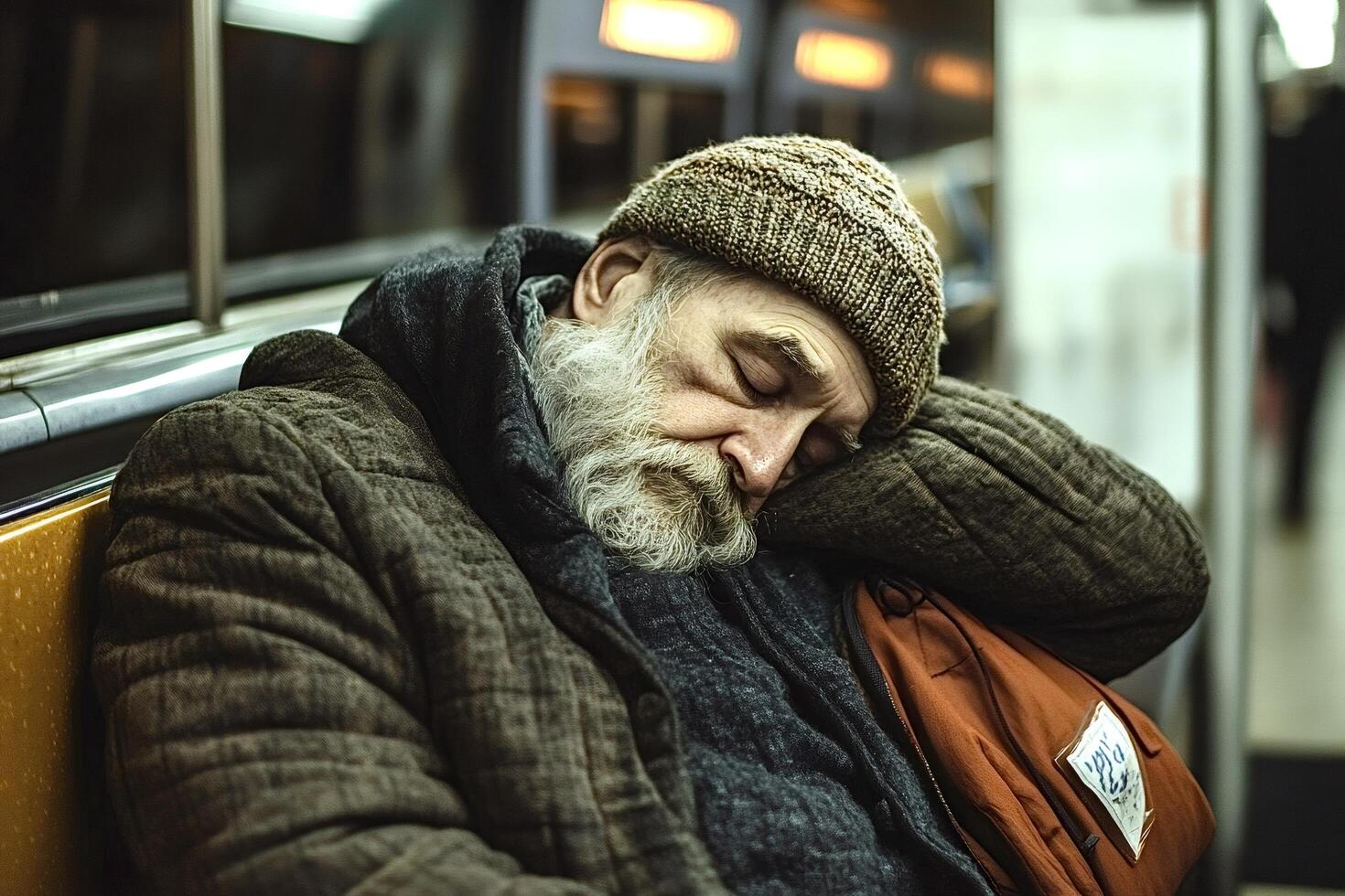 Homeless senior man sleeping on public transport subway seat photo