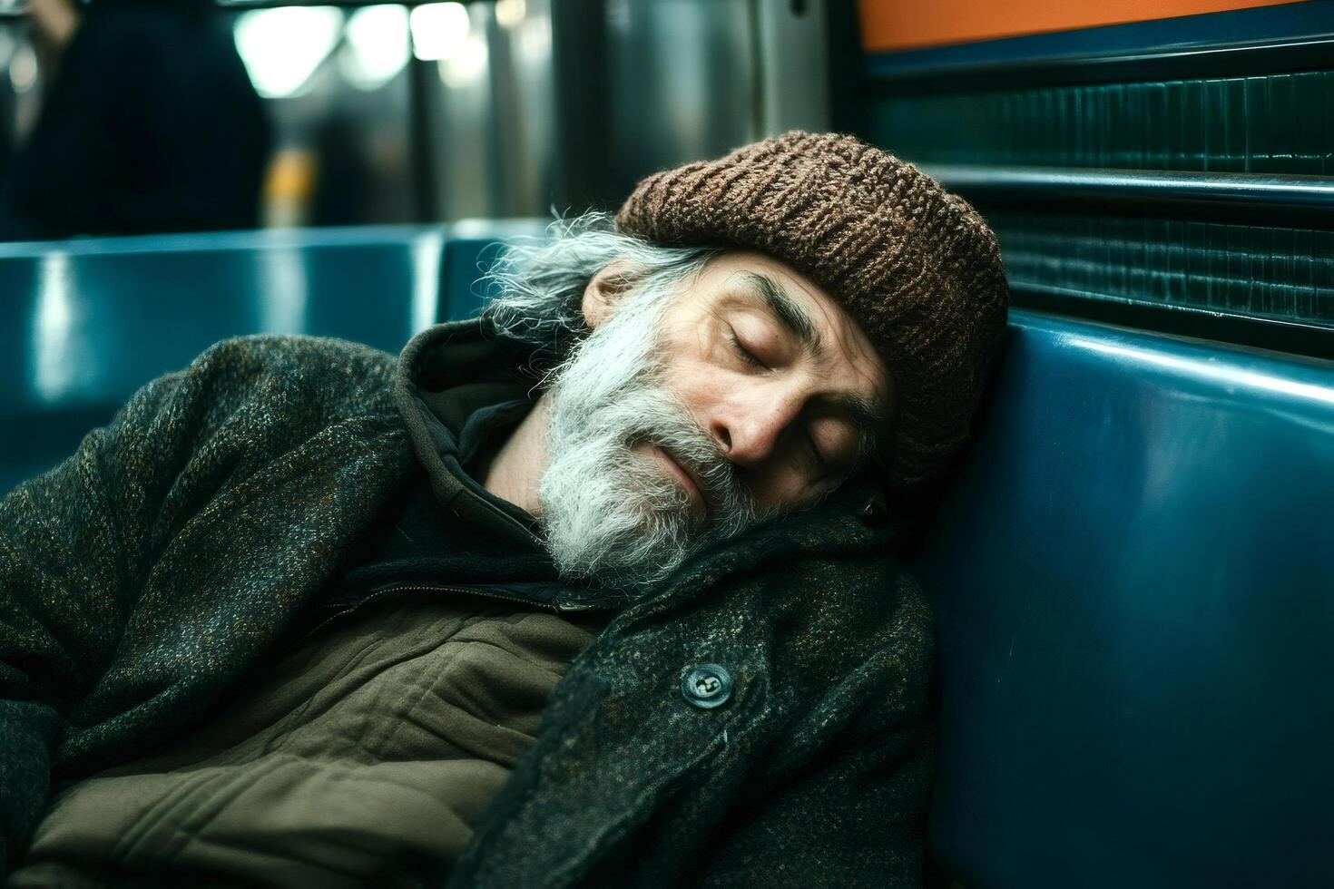 Homeless senior man sleeping on subway seat photo