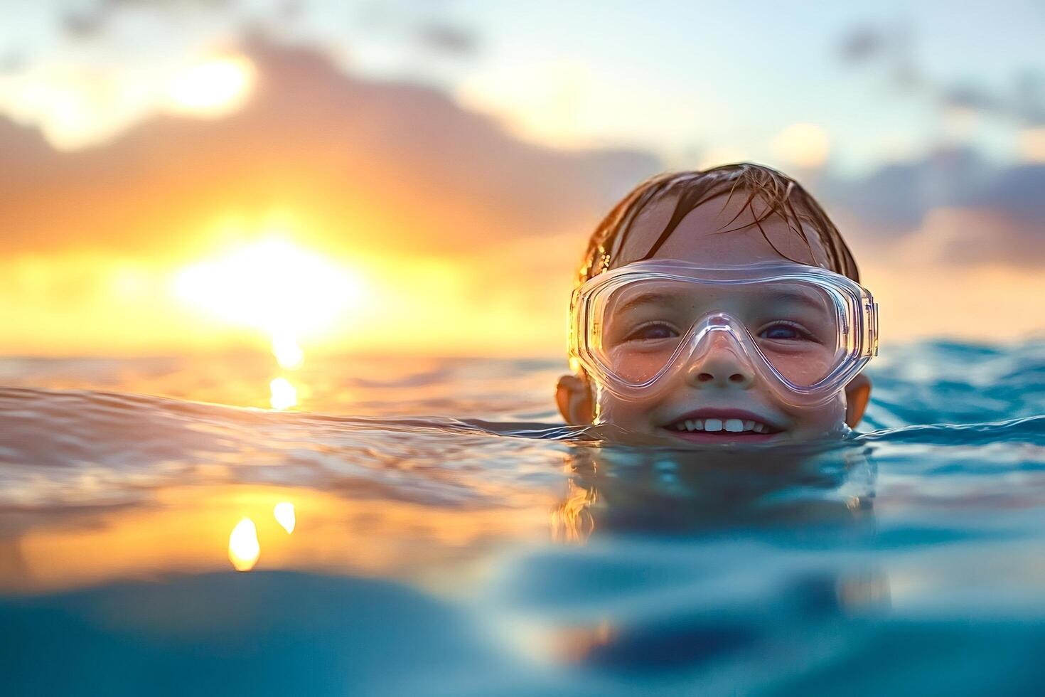 Happy child swimming in the ocean at sunset wearing goggles photo