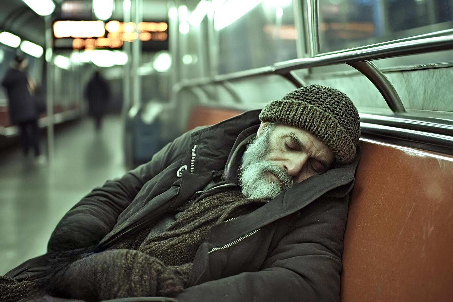 Homeless man sleeping on subway seat photo