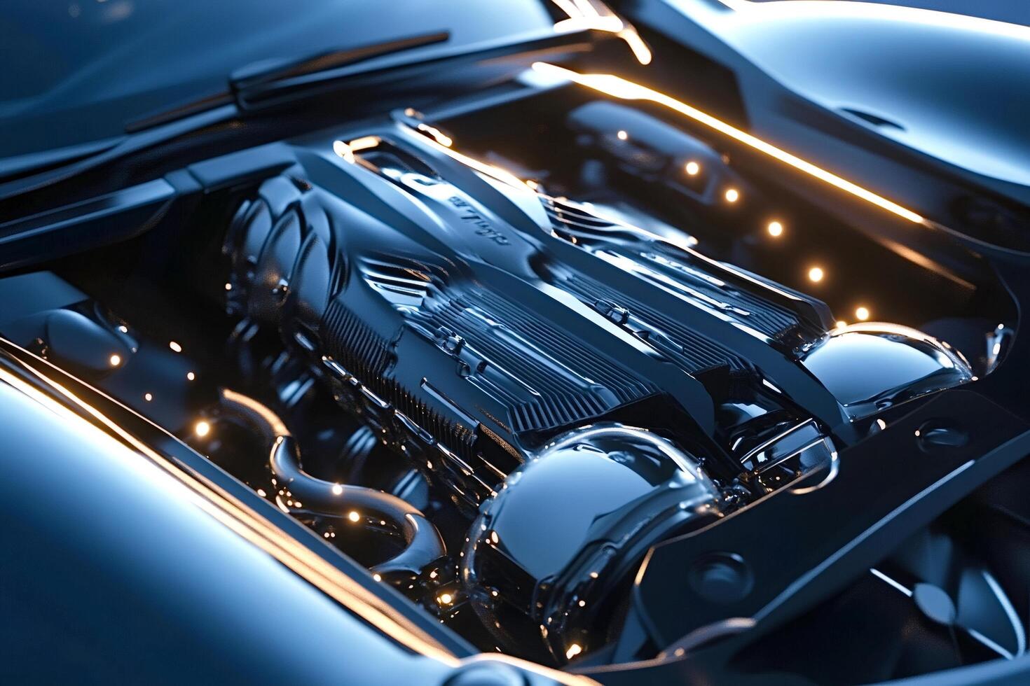 Powerful v8 engine shining under the hood of a sports car photo