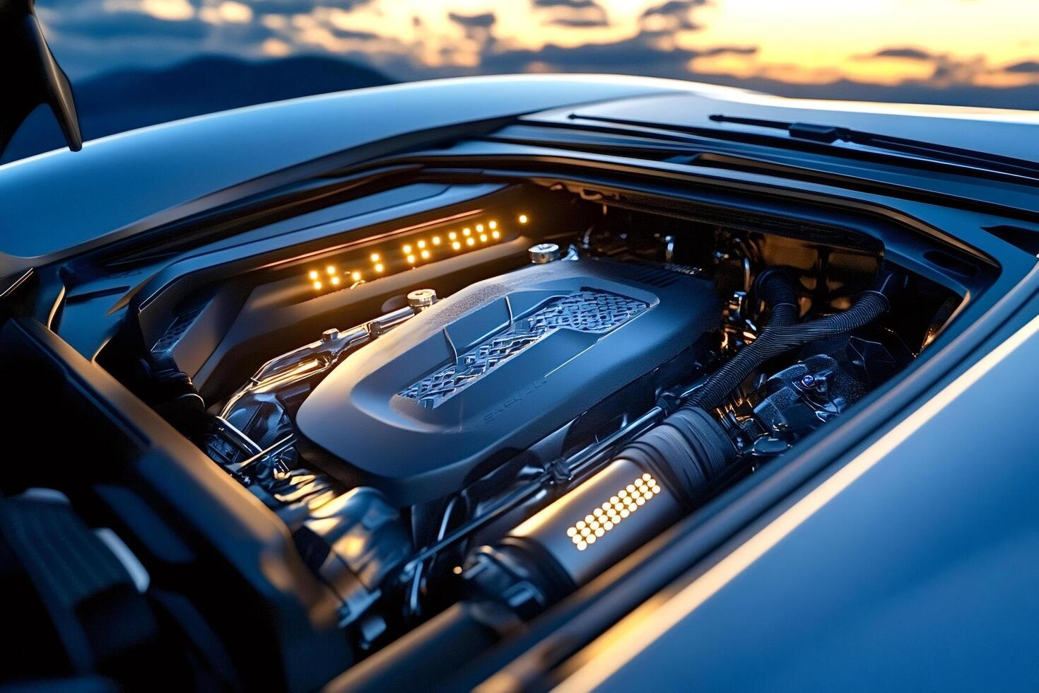 Powerful car engine showing advanced technology and innovation at sunset photo