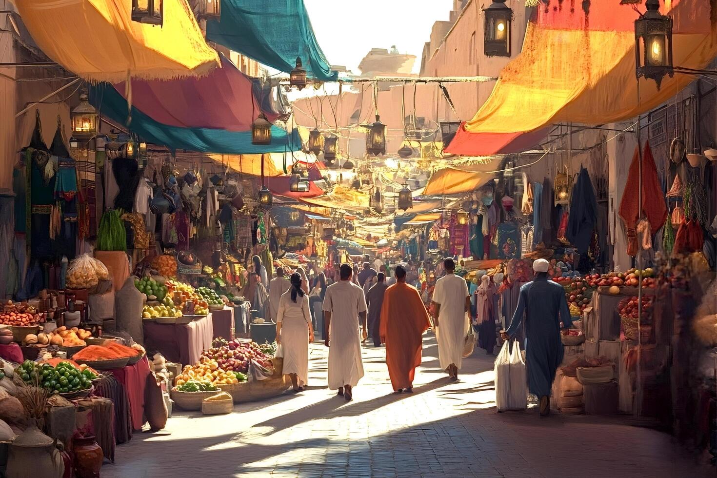 People walking in a traditional moroccan souk marketplace photo
