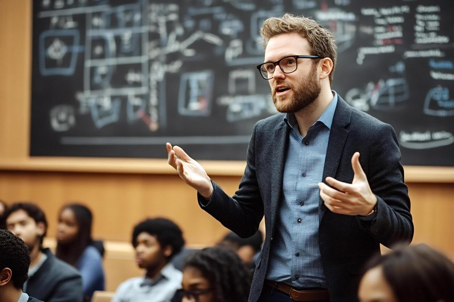 University professor explaining lesson to students in classroom photo