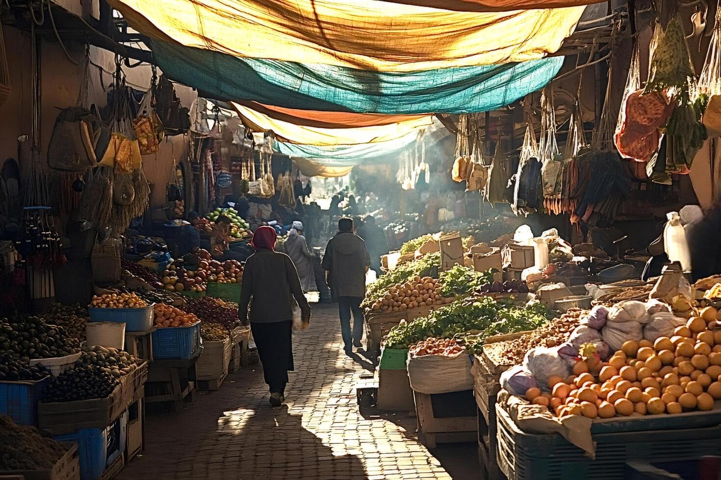Customers walking through a traditional moroccan souk marketplace photo