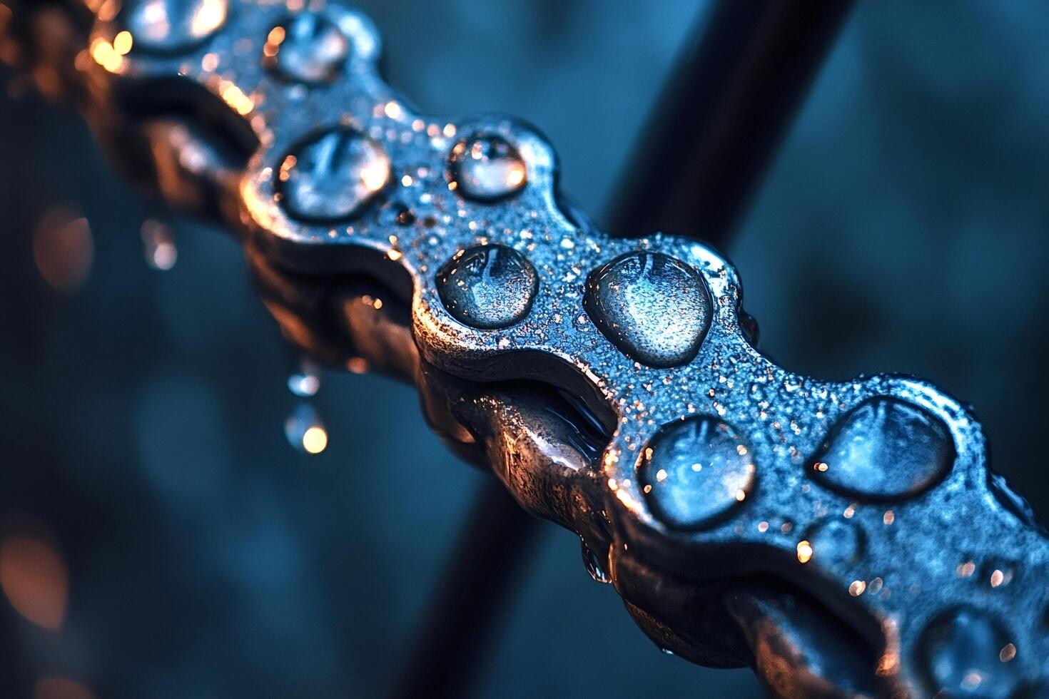 Wet metal chain reflecting light with water droplets photo