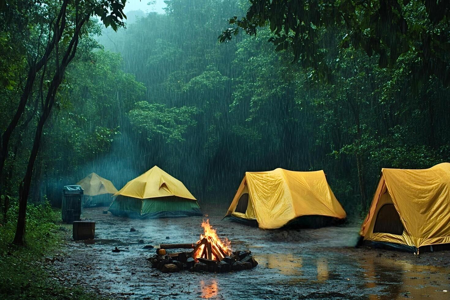 Campsite with bonfire and tents during heavy rain in tropical forest photo