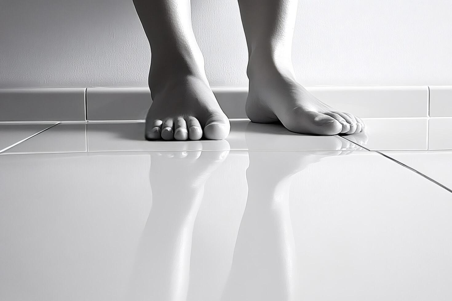 Reflections on white tiled floor with bare feet photo