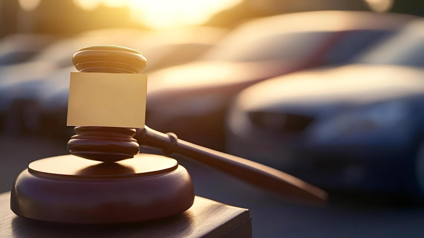 Judge gavel striking on sound block with blurred cars in the background photo