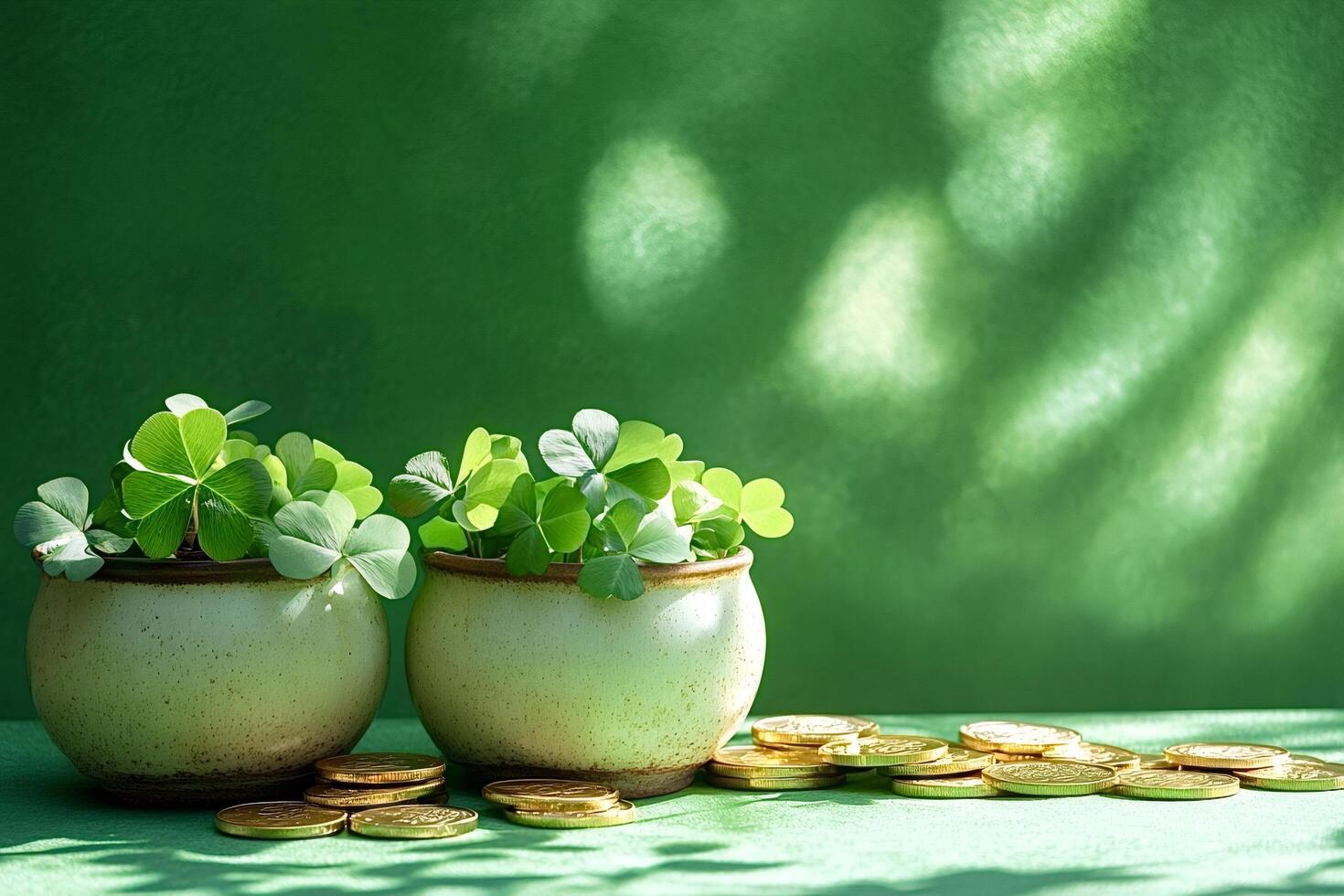 Shamrocks growing in pots with gold coins symbolizing wealth and luck photo
