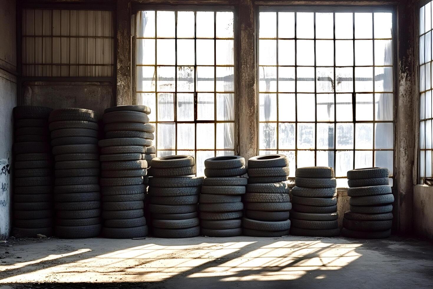 Stacked tires in abandoned industrial warehouse photo