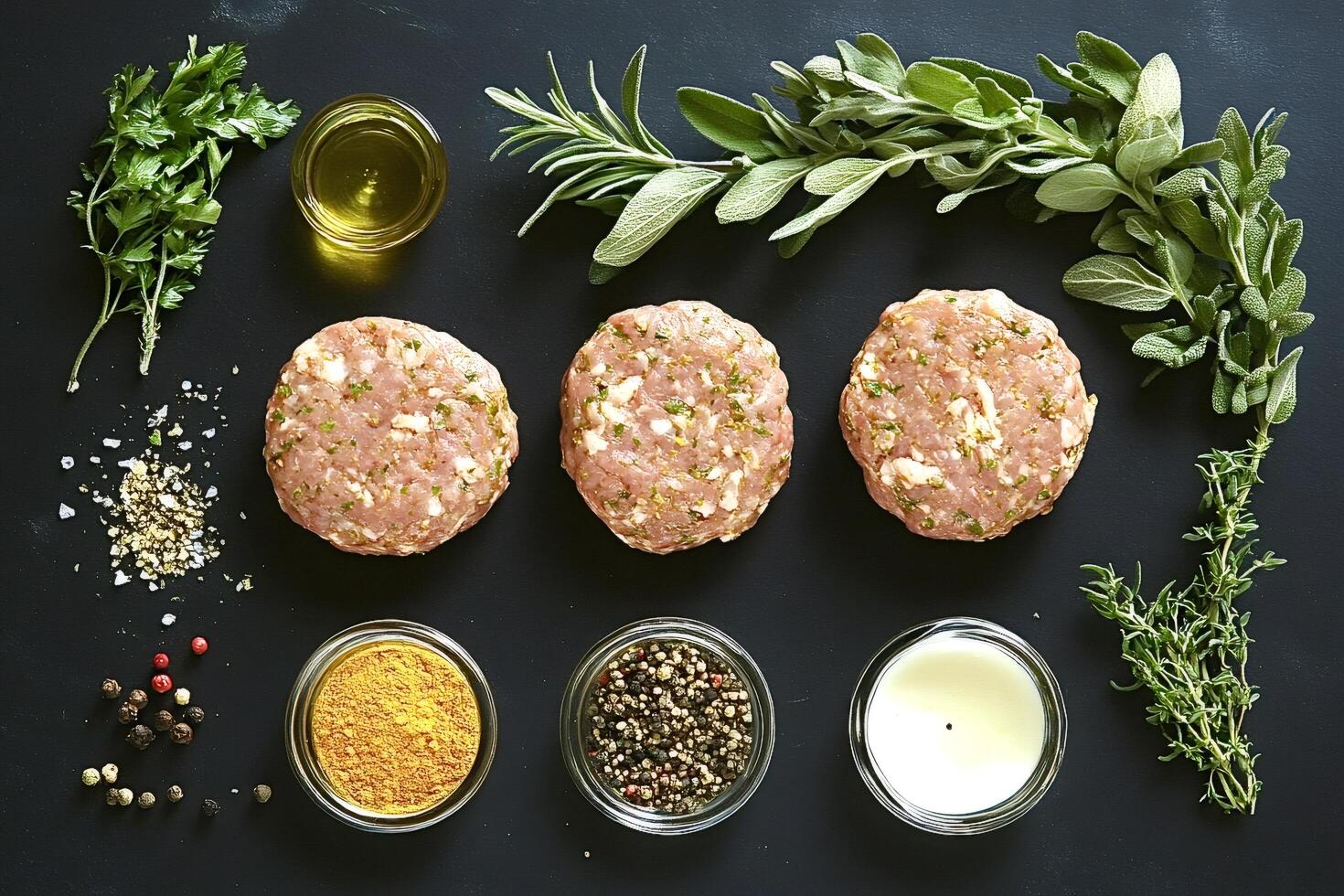 Raw meat patties with herbs and spices on black background photo