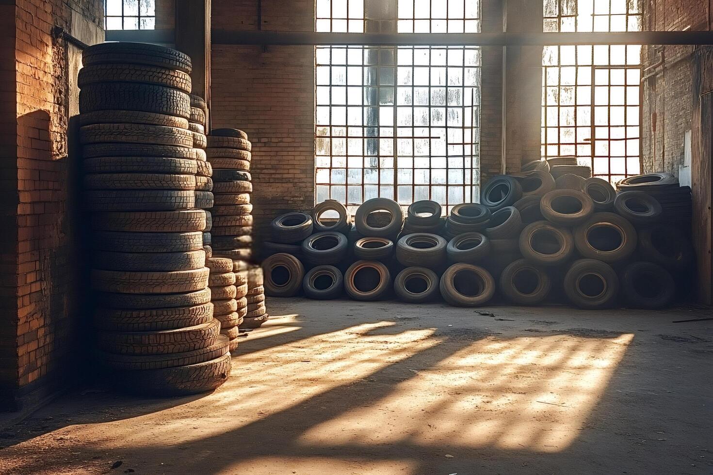 Stacked tires in industrial warehouse photo
