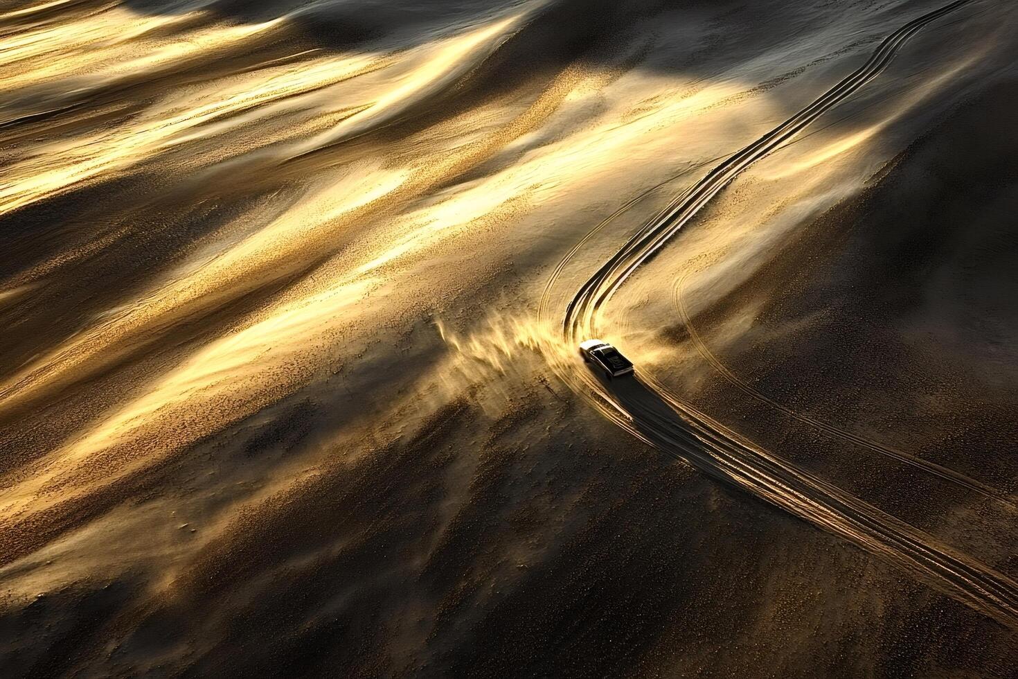 Off-road vehicle traversing golden desert dunes photo