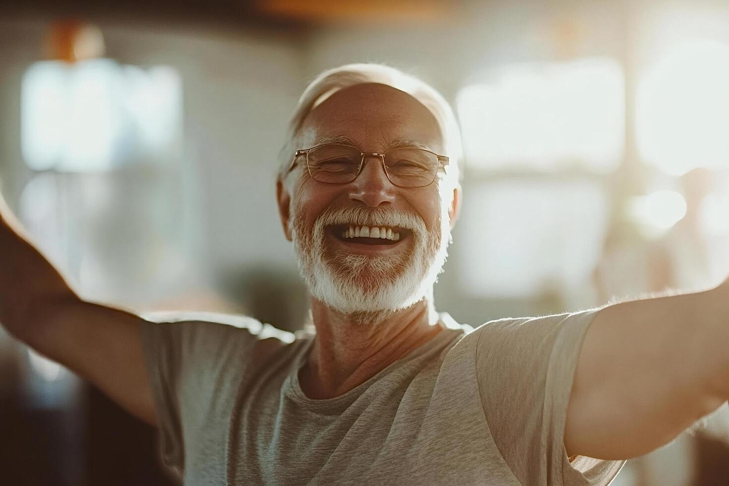 Elderly man joyfully embracing life with a smile photo