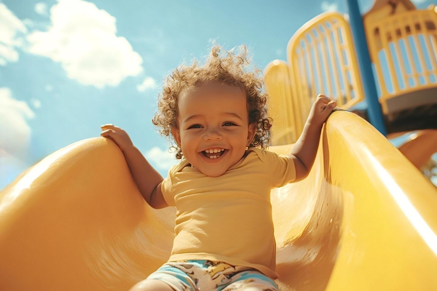 Happy toddler sliding down playground slide on sunny day photo