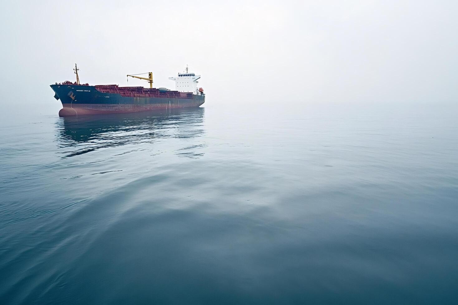 Large cargo ship sailing on calm sea in foggy weather photo