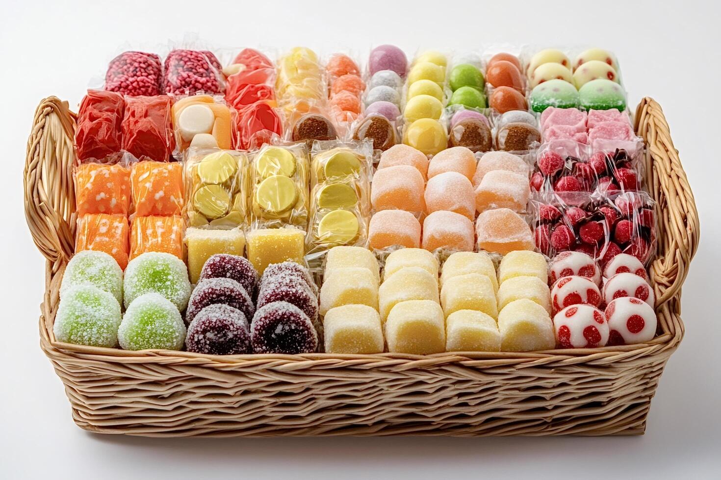 Wicker basket overflowing with colorful individually wrapped candies photo