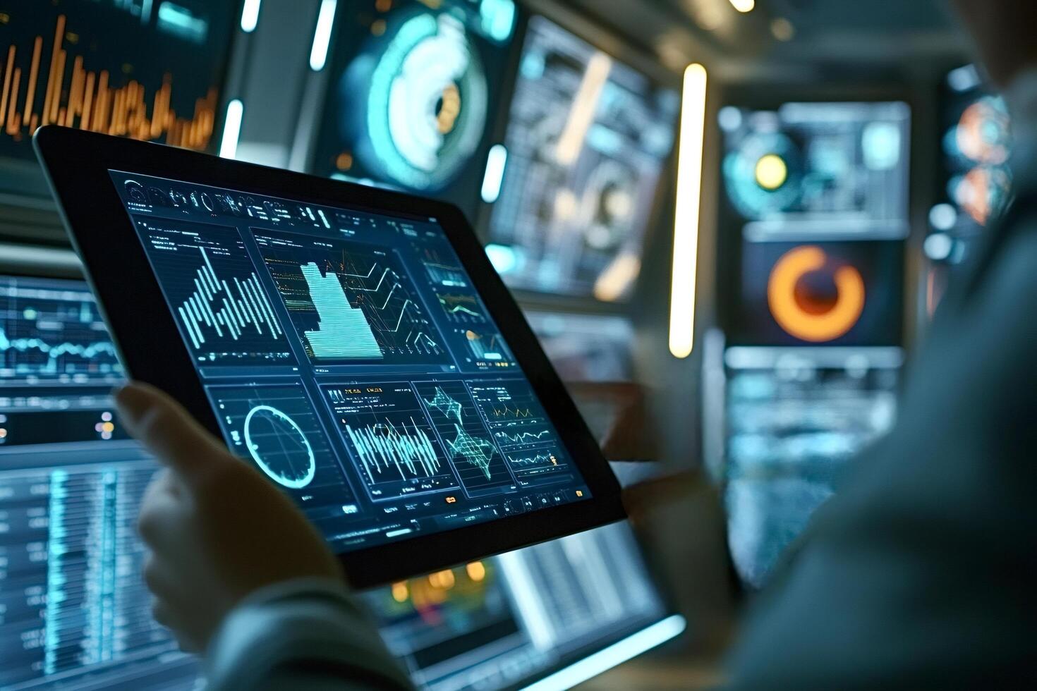 It specialist holding tablet computer showing graphs and statistics in room photo