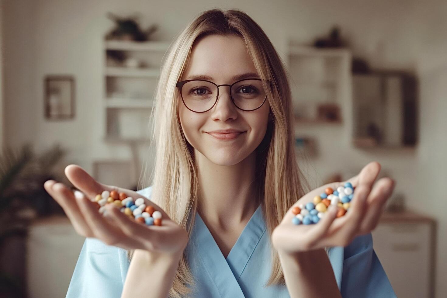 Smiling doctor showing medical pills in her hands photo