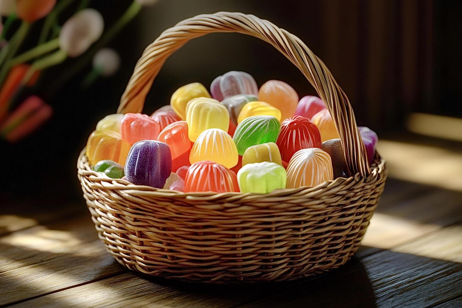 Wicker basket overflowing with colorful candies on wooden table photo