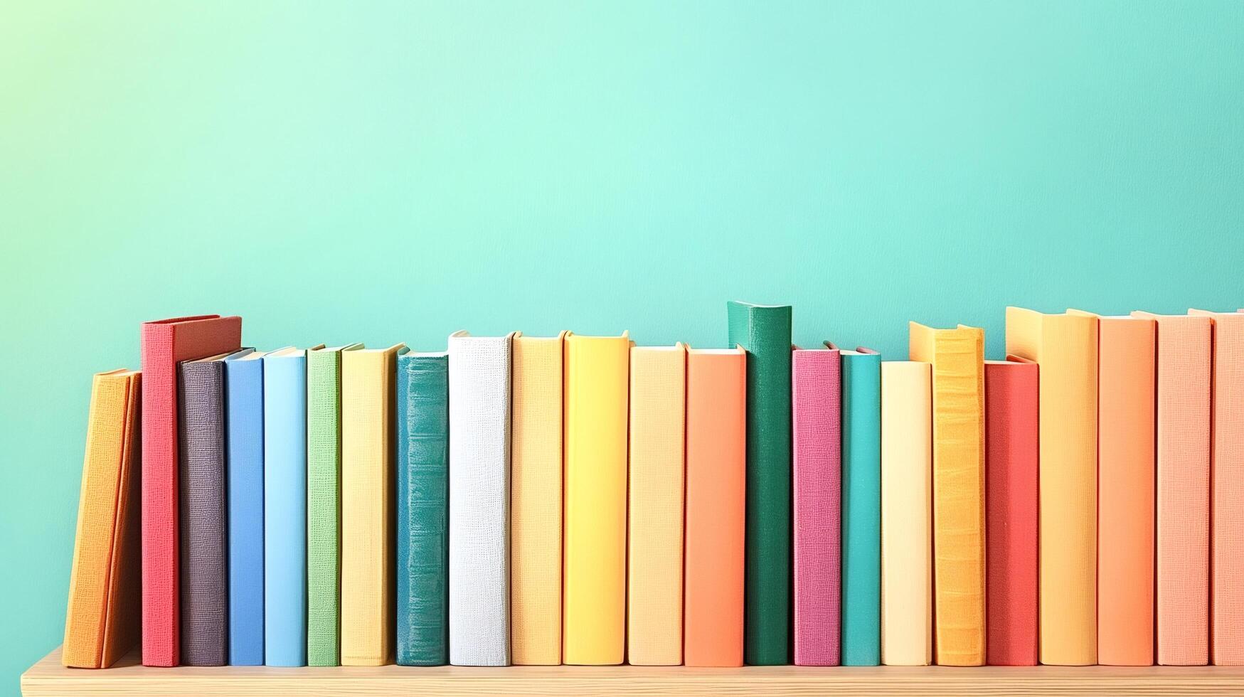 Colorful books standing in a row on bookshelf against turquoise wall photo