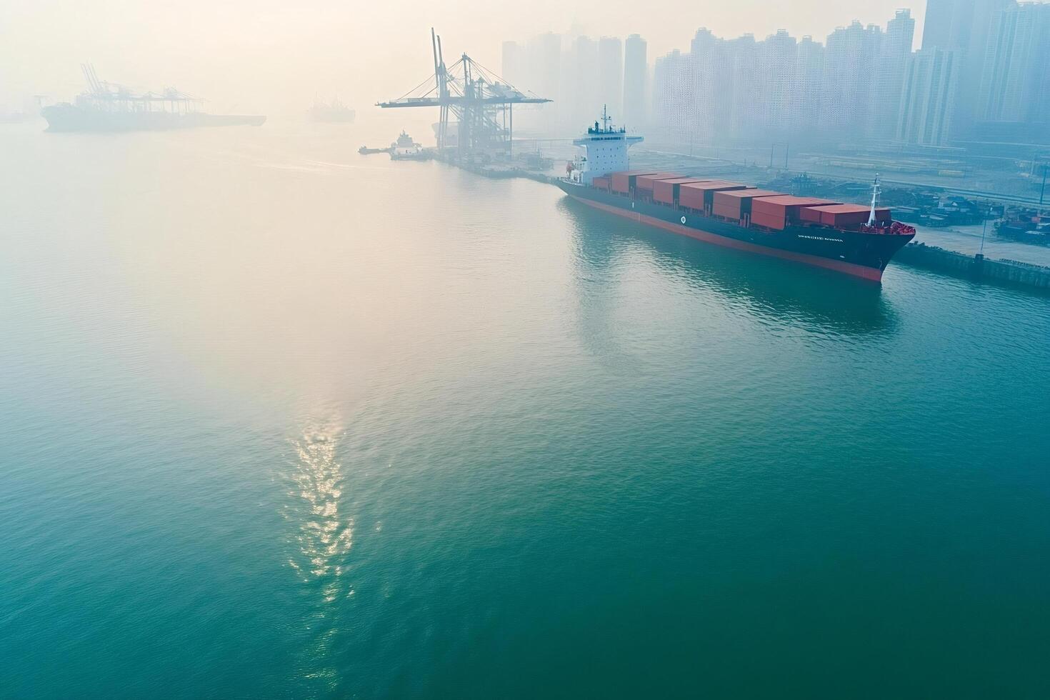 Container ship docking at port with city skyline in background photo