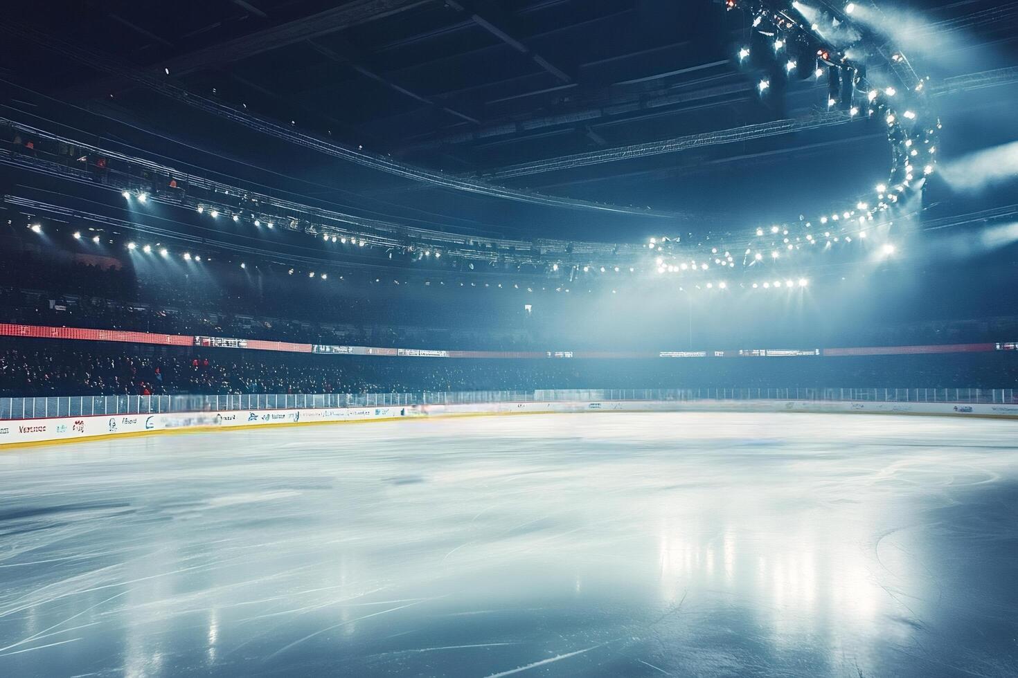 Illuminated ice hockey arena with empty rink photo