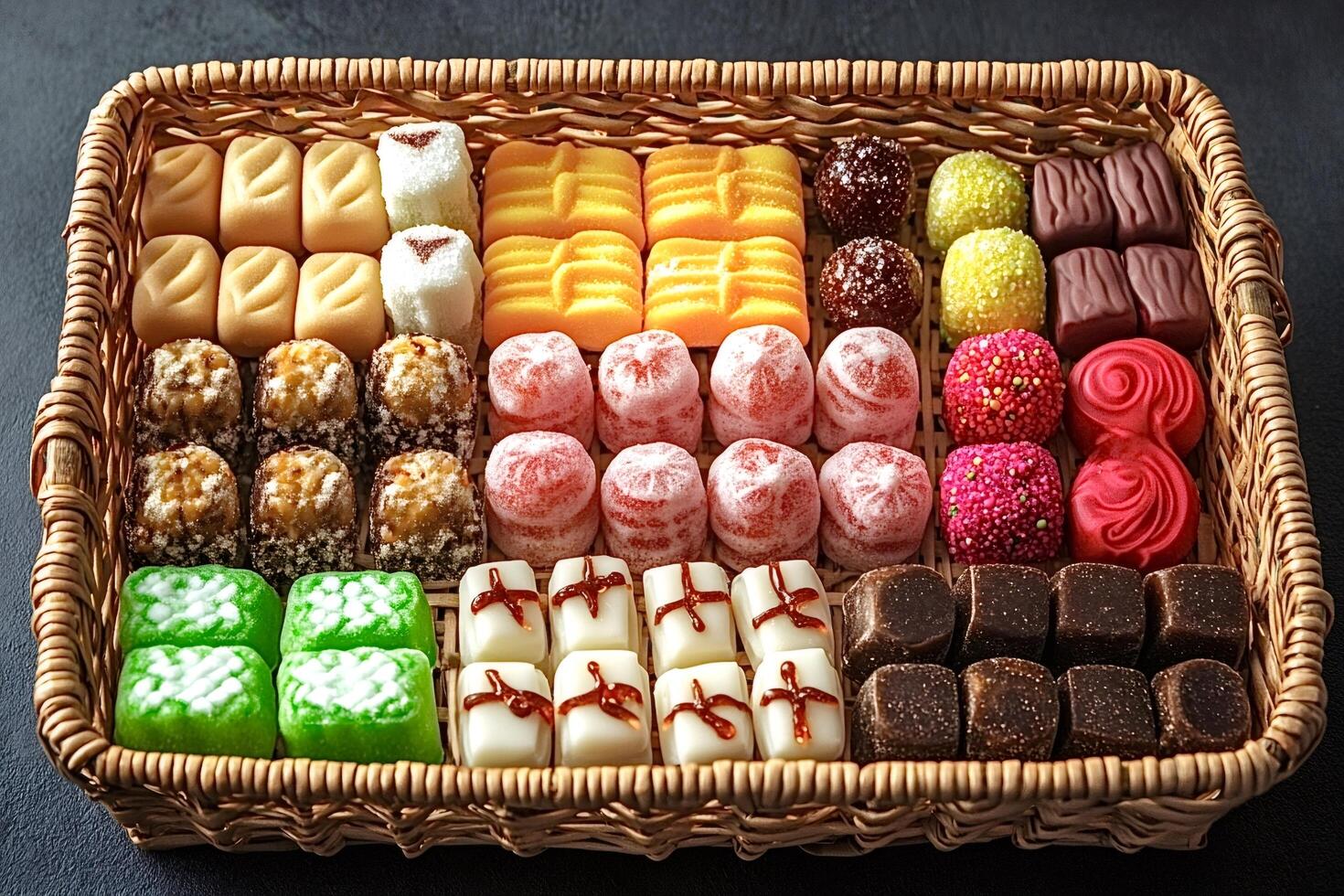 Colorful candies and sweets filling a wicker basket photo