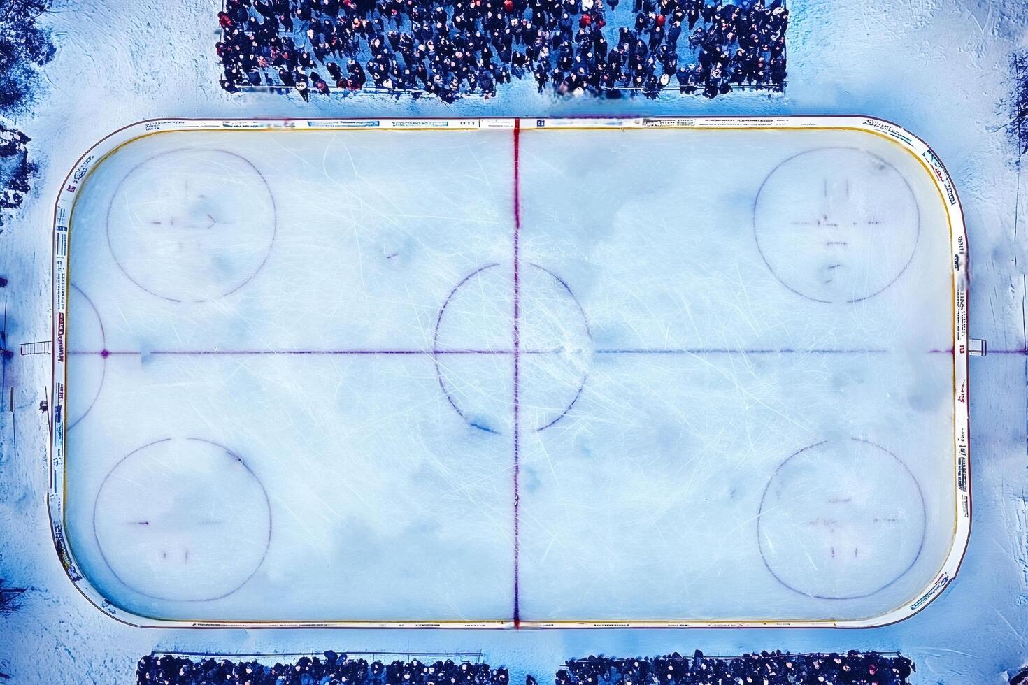 Aerial view of outdoor ice hockey rink during game photo