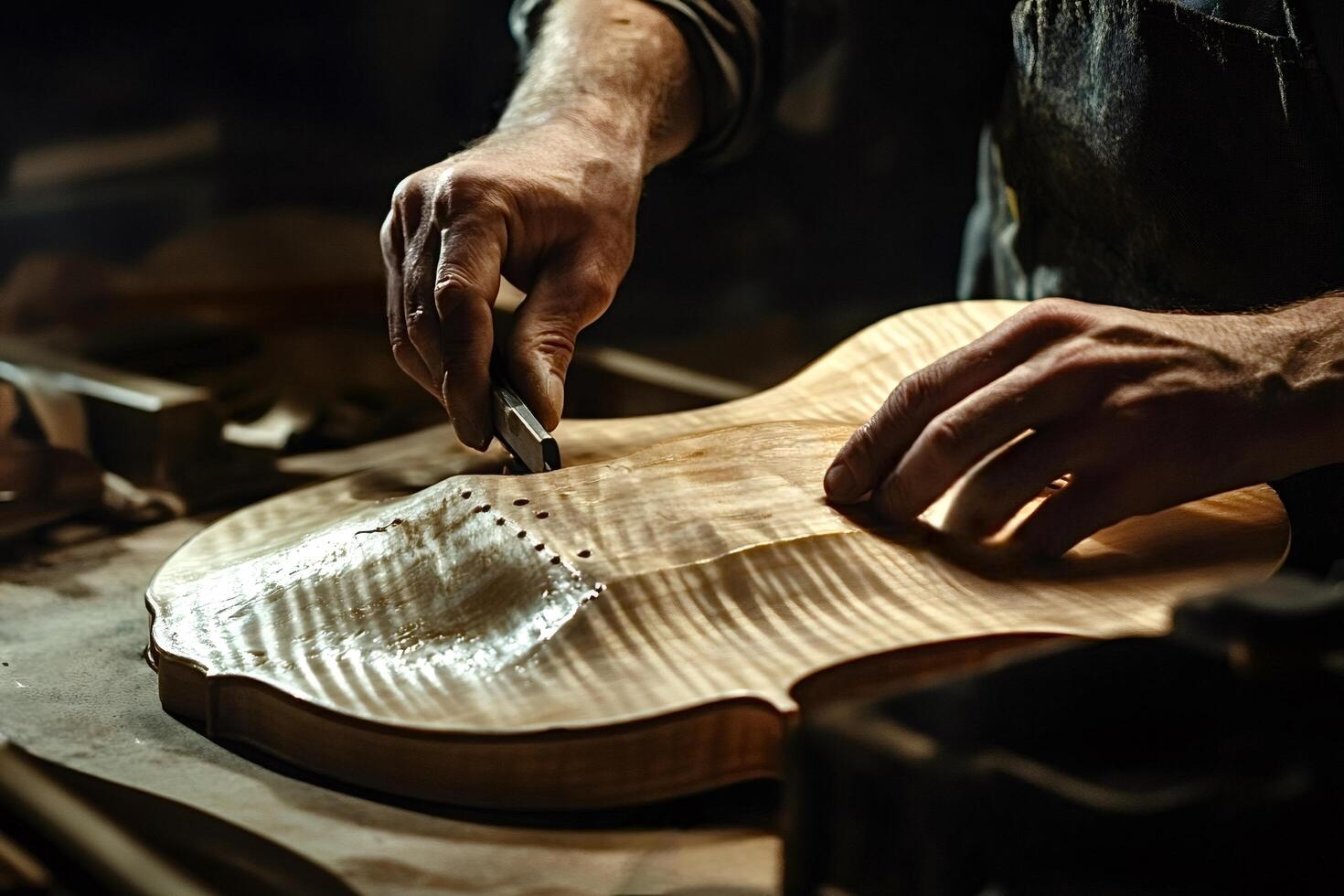 Luthier carefully crafting soundboard of string instrument in workshop photo