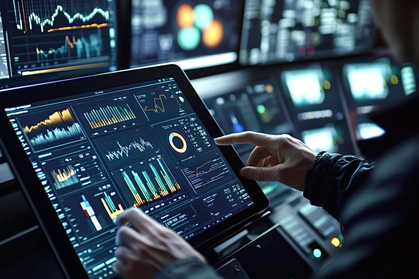 Trader analyzing graphs and charts on digital screens and tablet in control room photo