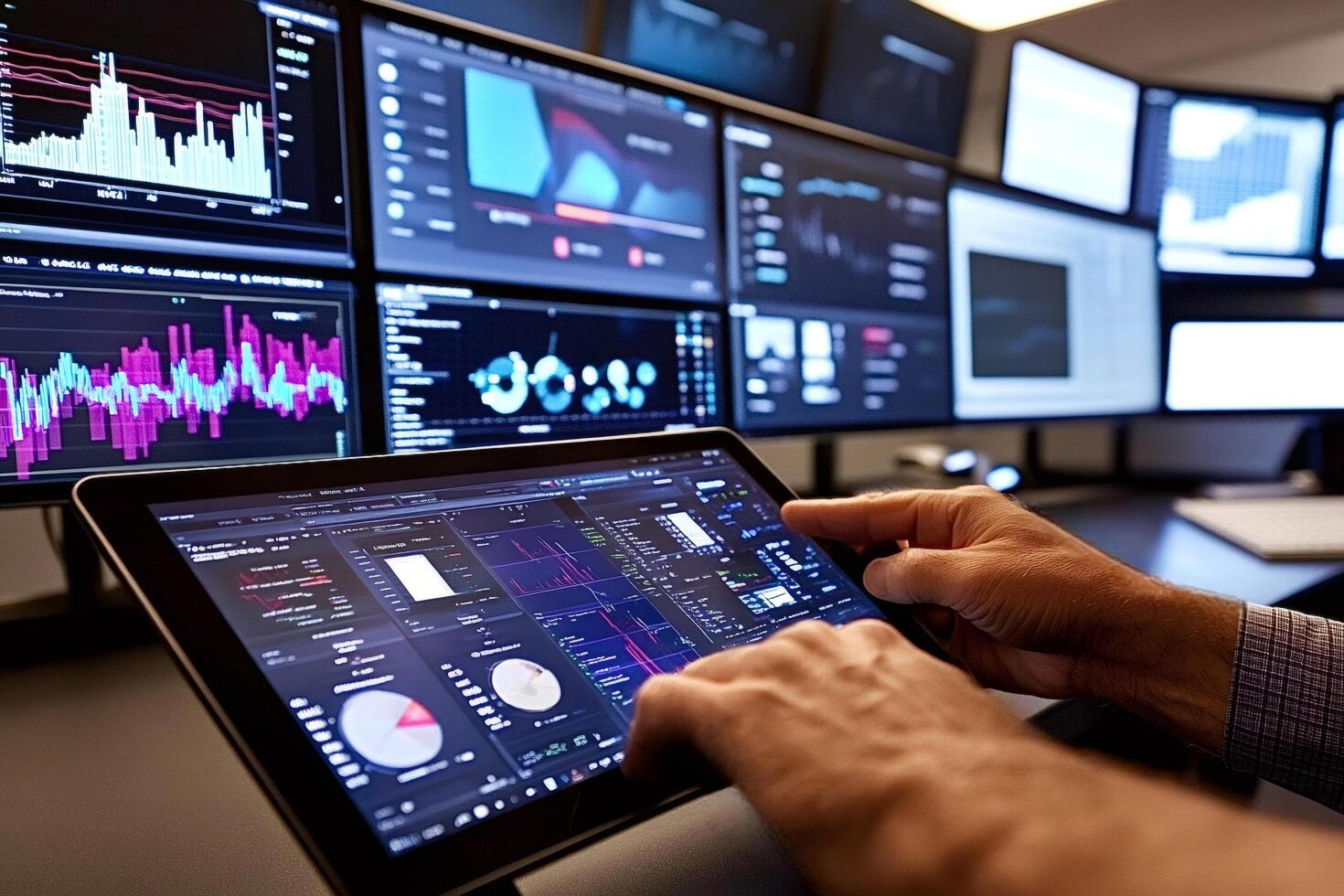 Stock trader analyzing graphs and charts on computer and tablet screens photo