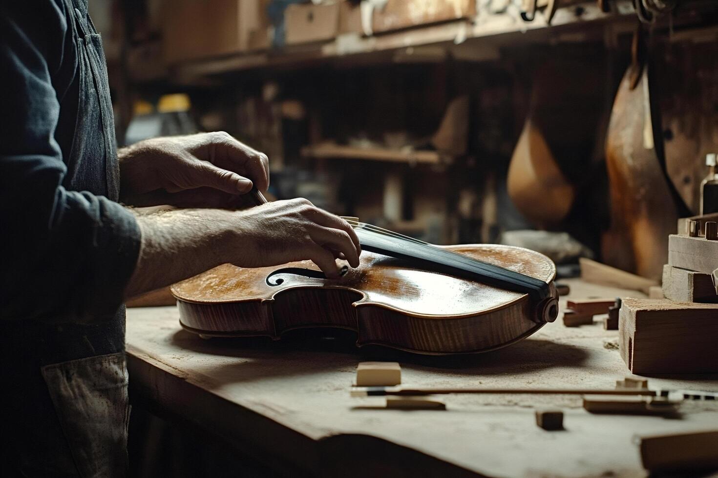 Luthier carefully placing bridge on handmade viola in workshop photo