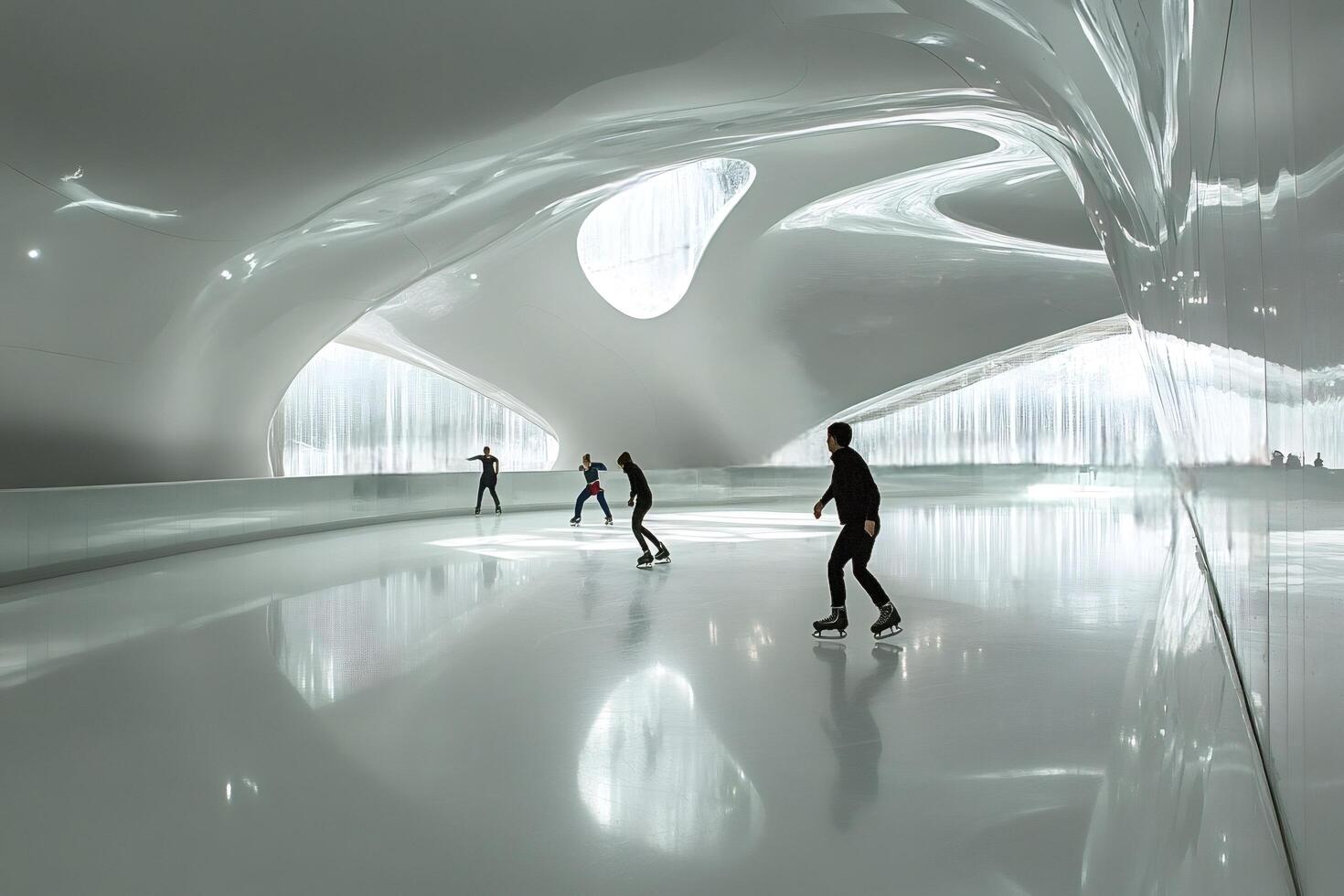 People skating in futuristic ice rink with modern white architecture photo