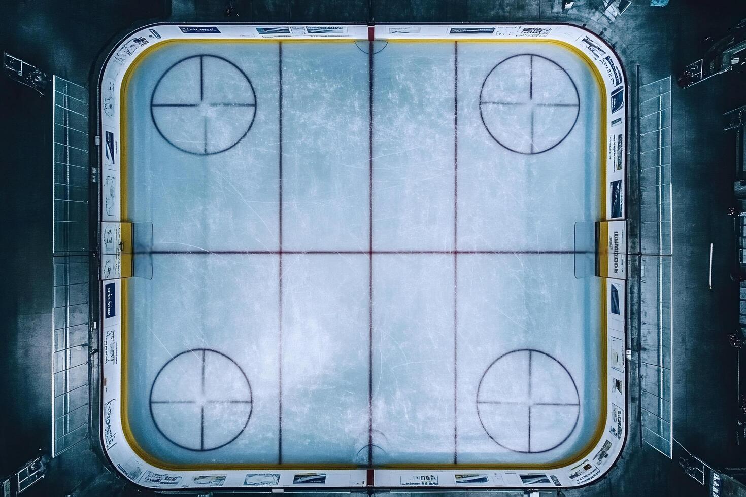 Empty ice hockey rink seen from above showing face-off circles and goals photo
