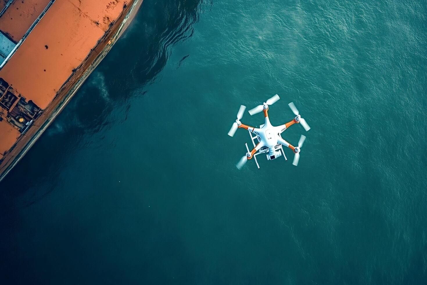 White drone flying over turquoise water near cargo ship photo