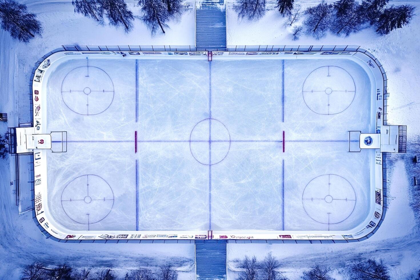 Empty outdoor hockey rink covered in snow during winter photo