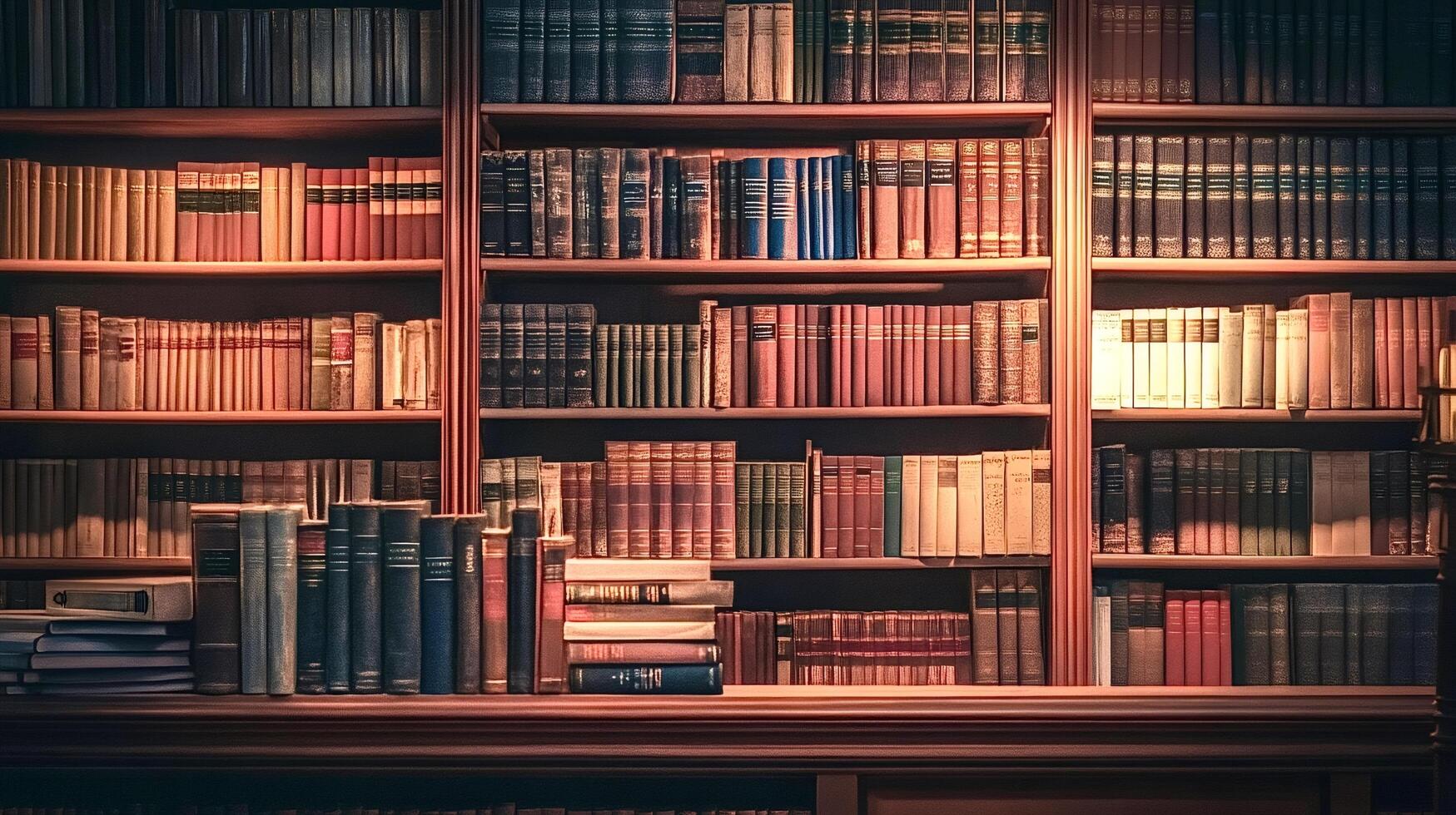 Wooden bookshelves full of old books showing knowledge and culture photo