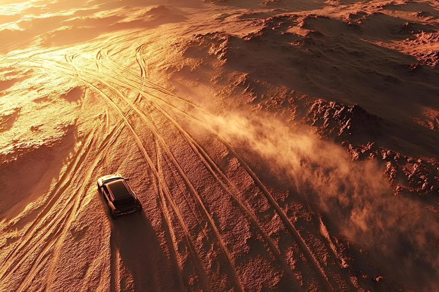 Suv car driving on a desert road at sunset, raising dust photo