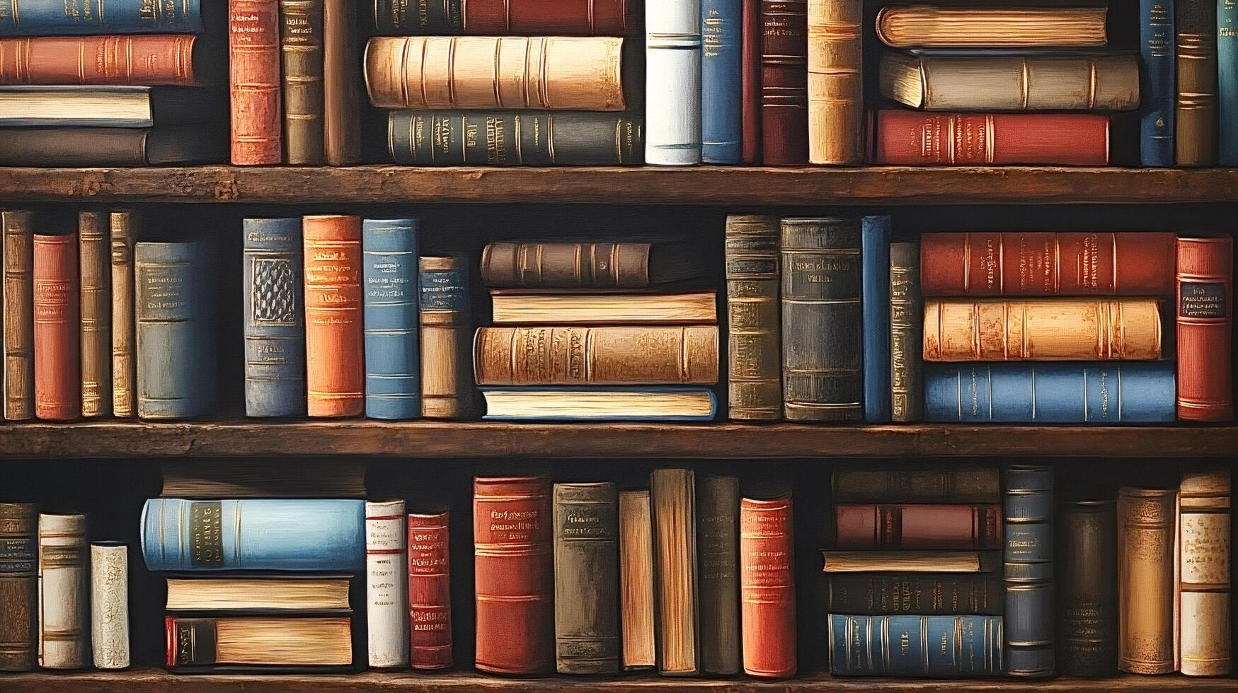 Old books resting on wooden bookshelves in a library, centuries of knowledge photo